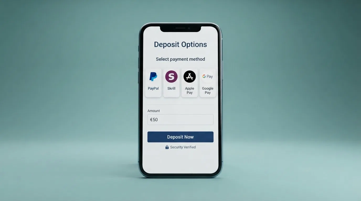 Four e-wallet and mobile-payment logos — PayPal, Skrill, Apple Pay and Google Pay — displayed as casino deposit options on a screen