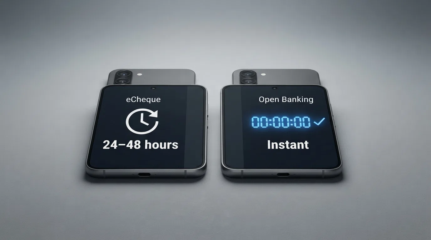 A side-by-side visual comparing deposit clearance times: echeque at 24–48 hours, open banking at instant, debit card at instant, bank transfer at 1–3 days