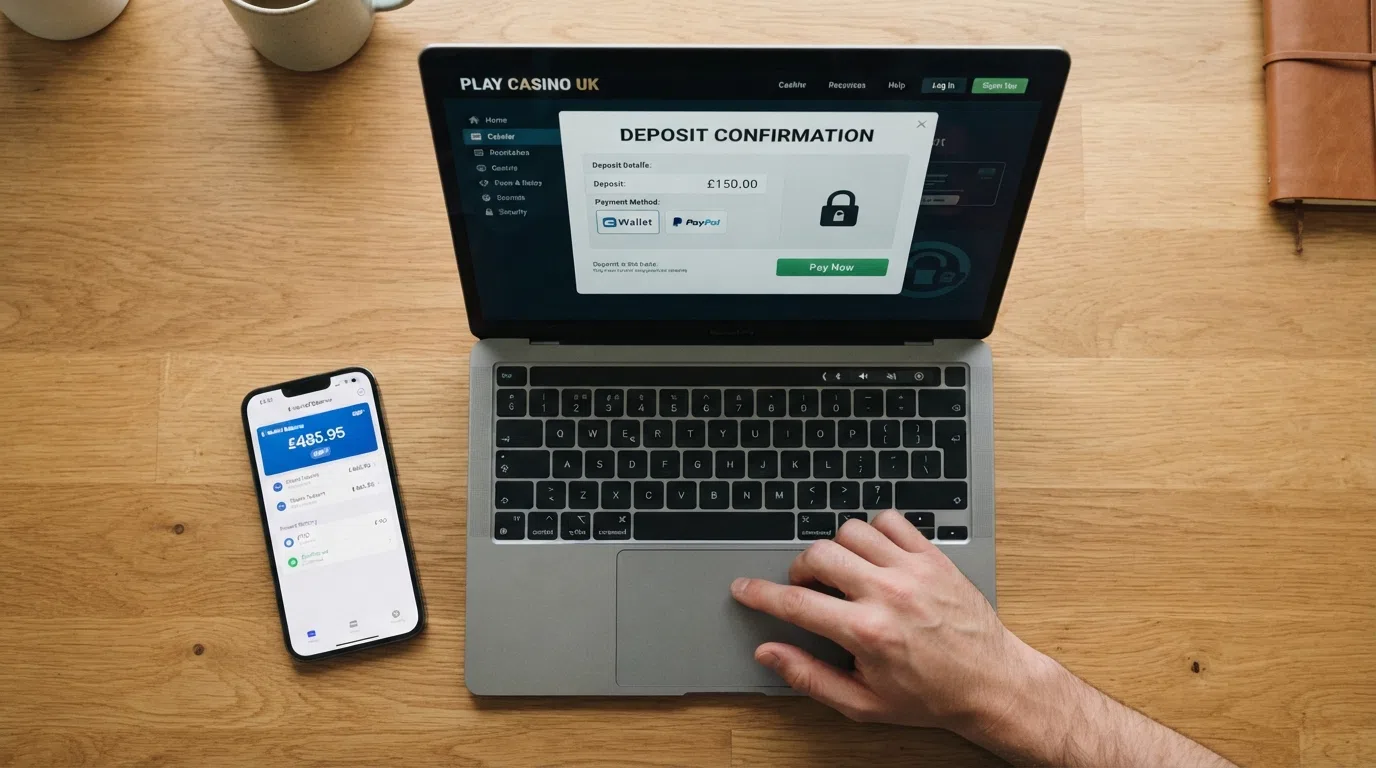 A smartphone screen showing the Payz wallet balance beside a laptop displaying a casino cashier page with ecoPayz selected as the deposit method.
