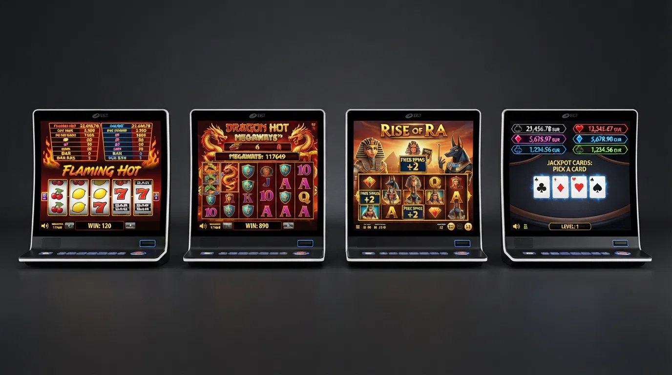 Four EGT slot screenshots in a row — a classic fruit reel, a Megaways title, a 3D video slot, and the Jackpot Cards pick screen