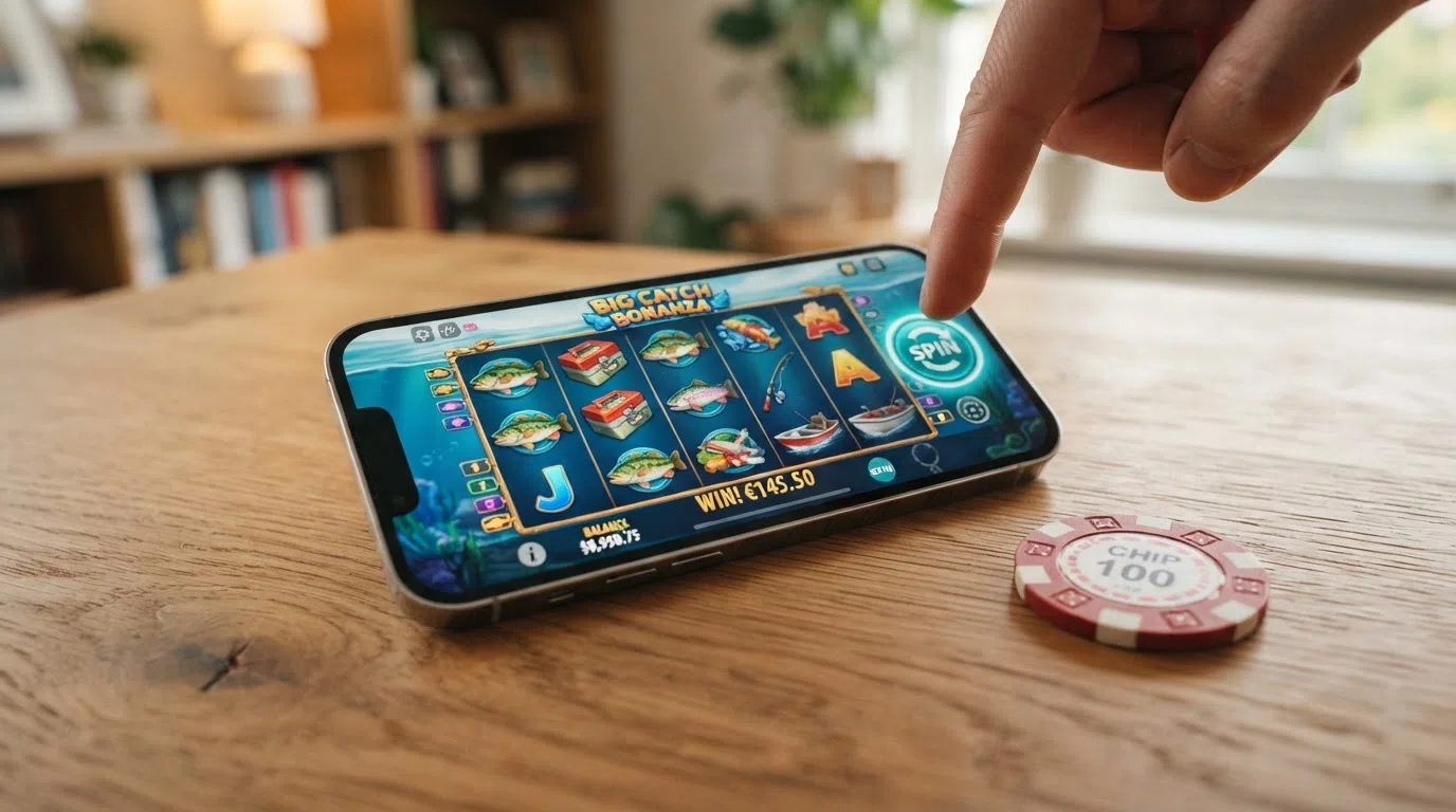 A smartphone displaying the reels of an eligible slot game — Fishin' Frenzy or Big Bass Bonanza — with the spin button and balance visible.