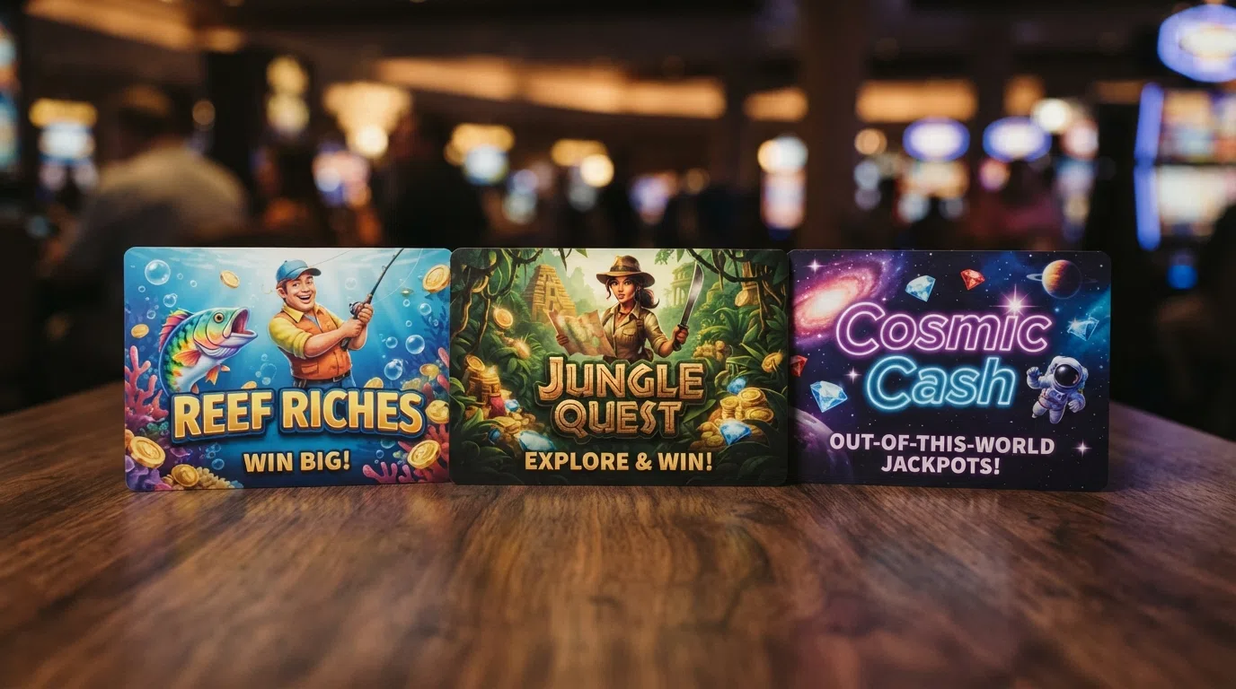 A row of three slot game title cards — Big Bass Bonanza, Book of Dead and Starburst — each showing its distinctive artwork and game logo