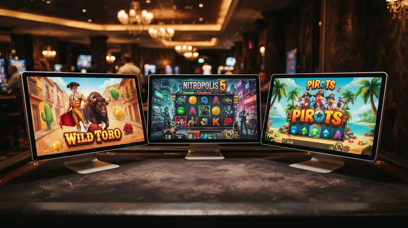 Game-reel close-ups from three Elk Studios slots — Wild Toro, Nitropolis 5 and Pirots — showing their distinct visual identities, reel layouts and feature badges