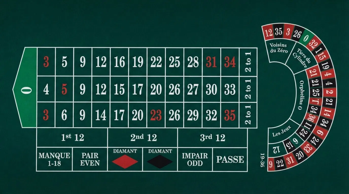 Detailed overhead view of a European roulette table felt showing the inside number grid, outside betting boxes for red/black and odd/even, dozen and column areas, and the wheel at the head