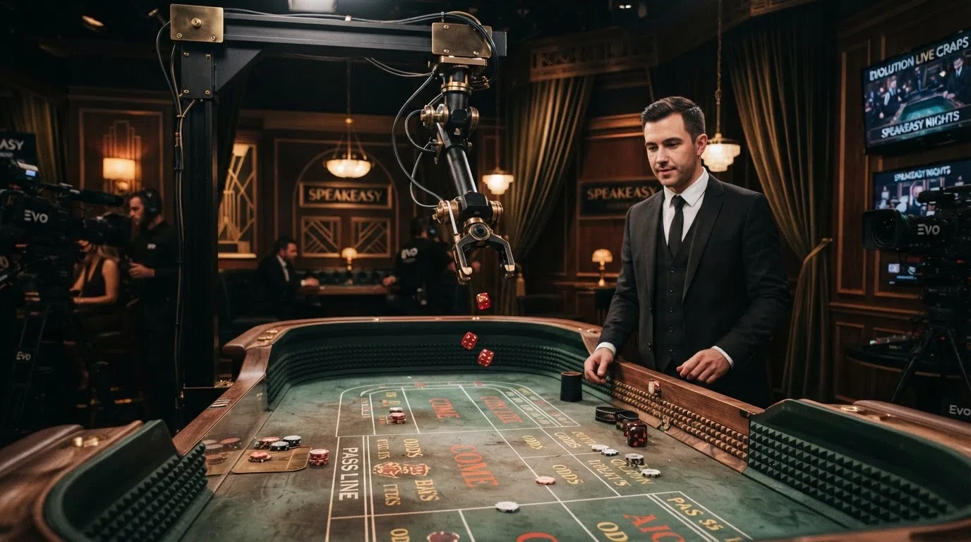 An art-deco speakeasy-style broadcast studio interior with a mechanical arm suspended over a green craps table, a dealer in formal dress standing at the table edge, studio lighting and camera rig visible