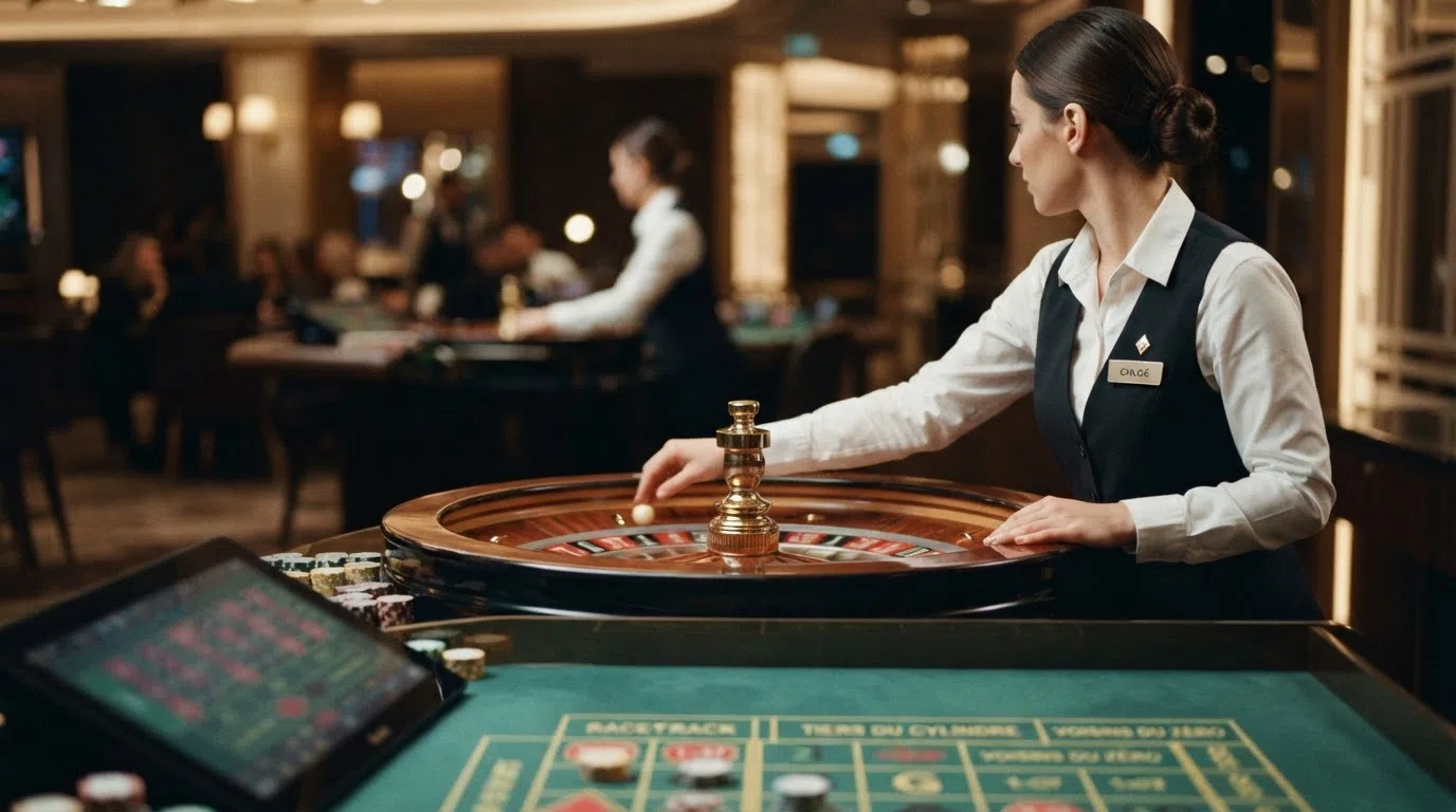 A live dealer spinning a French roulette wheel in a professional casino studio, with the betting grid and racetrack visible on screen