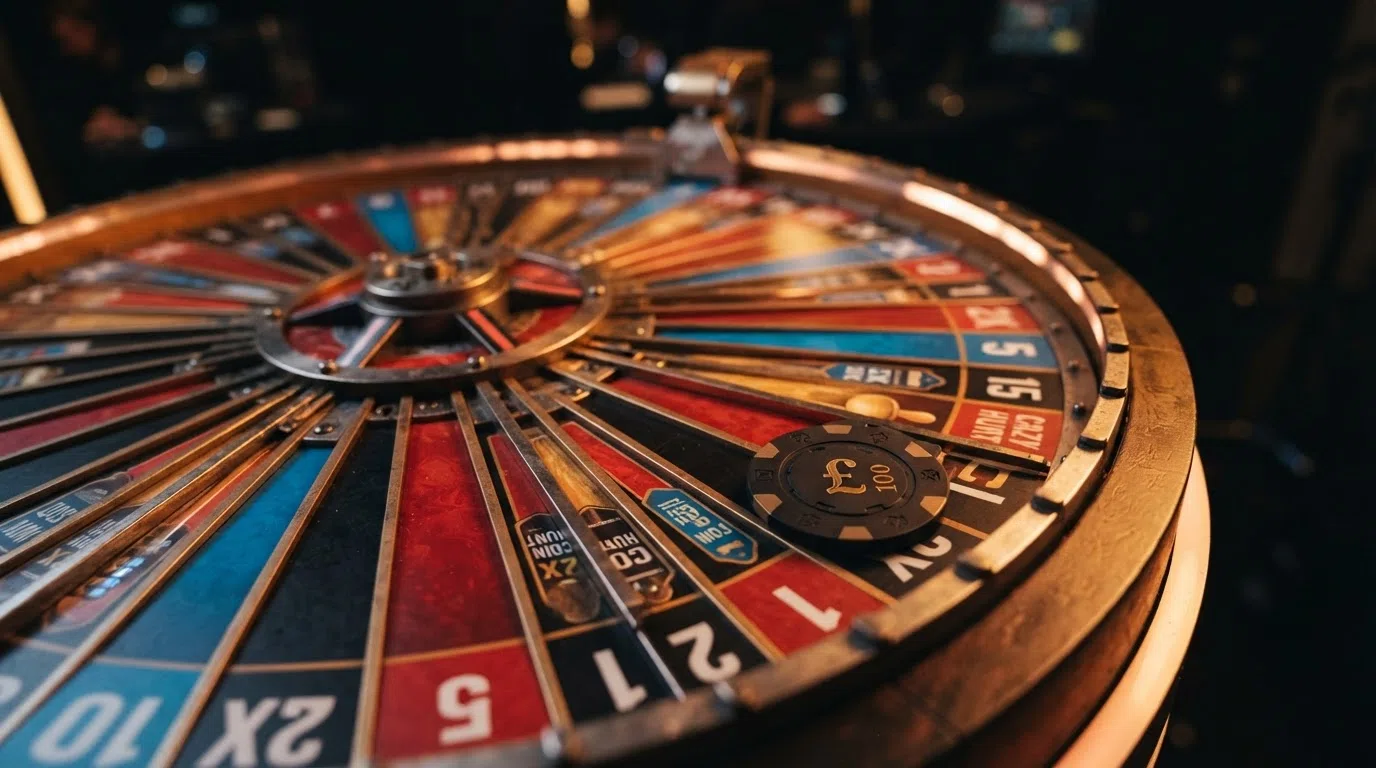 A close-up of a Crazy Time money wheel in an Evolution Gaming studio, showing the numbered segments and multiplier values under studio lighting