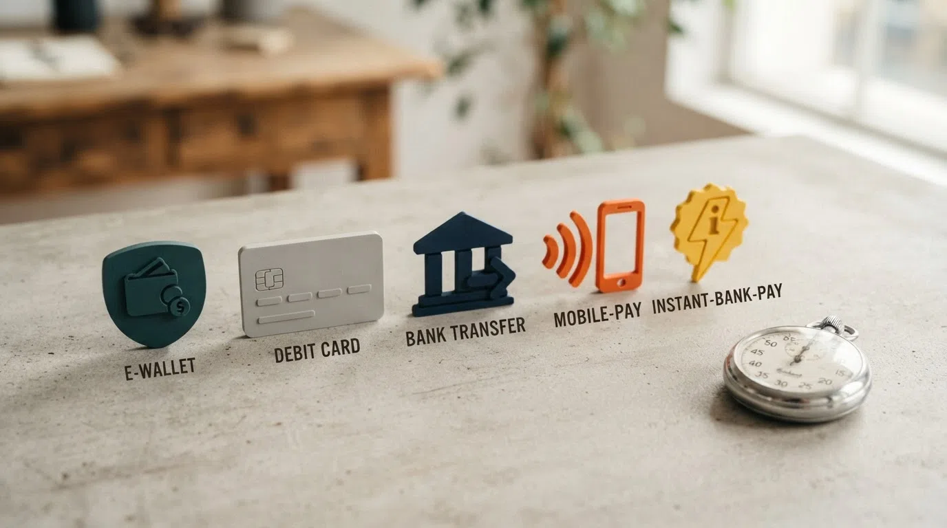 Five payment-method icons (PayPal, Visa, bank transfer, Apple Pay, Trustly) beside a stopwatch, with clearance-time labels beneath each