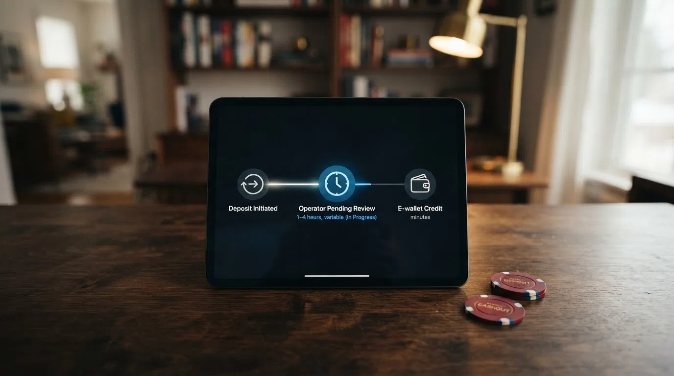 A horizontal timeline graphic showing three stages: deposit (instant), operator pending review (1–4 hours, variable), and e-wallet credit (minutes), with a clock icon at the review stage.