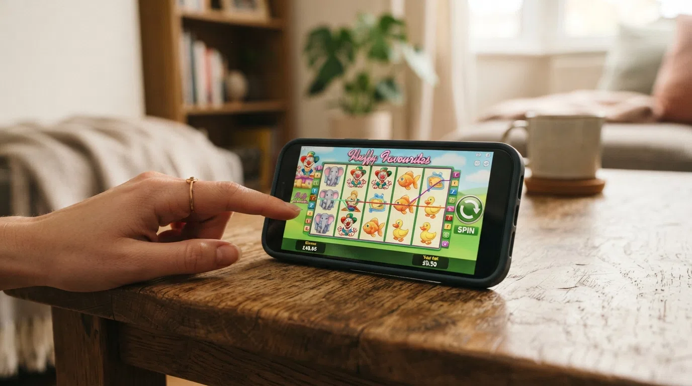 A smartphone held in landscape orientation displaying an Eyecon slot game — the 5×3 reel grid fills the screen with a touch-friendly spin button and balance display visible