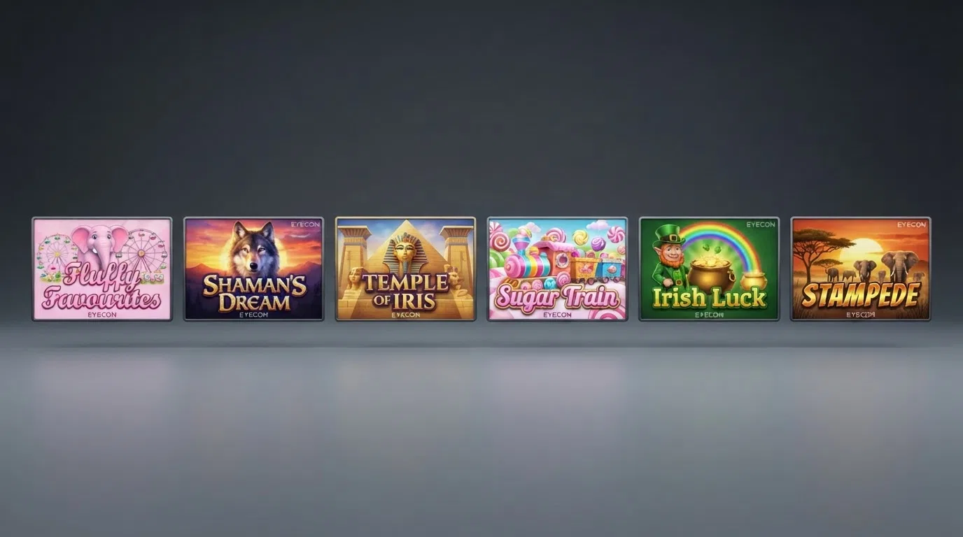 Six Eyecon slot title cards arranged in a row — Fluffy Favourites, Shaman's Dream, Temple of Iris, Sugar Train, Irish Luck, and Stampede — each showing its distinctive theme artwork
