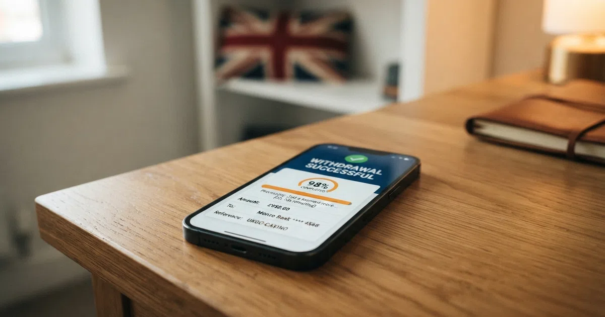 A smartphone screen displaying a casino withdrawal confirmation with a timer icon and a progress bar nearing completion, set against a clean UK-facing background with subtle Union Jack colour accents.