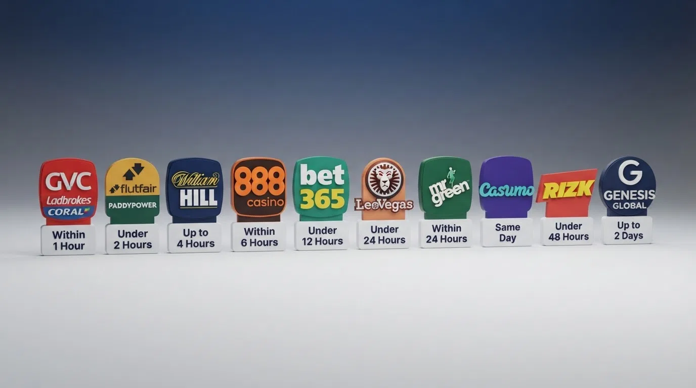 A side-by-side visual comparison of ten UK online casino logos arranged by verified withdrawal speed, with e-wallet times highlighted beneath each brand