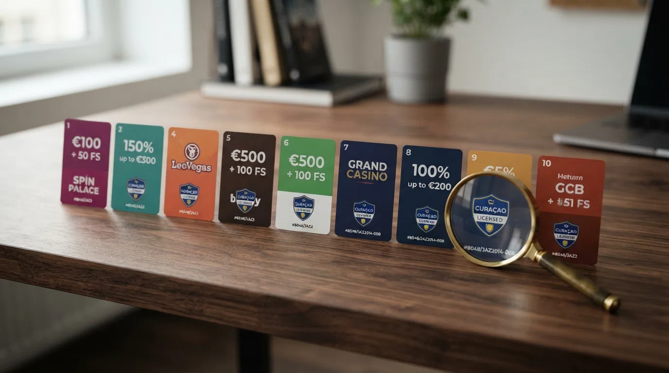 Ten casino brand cards arranged in a row, each showing a logo placeholder, a licence badge and a welcome-bonus figure, with a magnifying glass hovering over the Curaçao GCB label