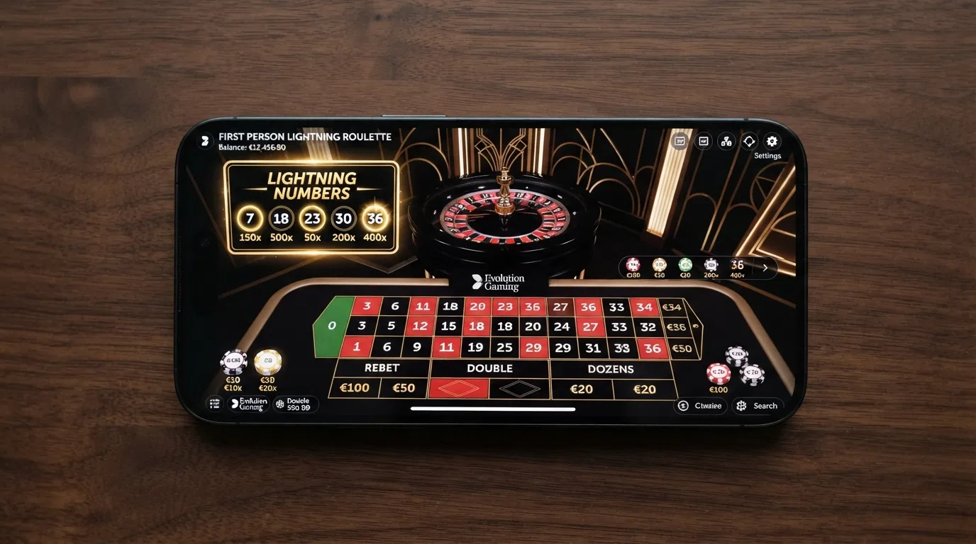 The First Person Lightning Roulette 3D interface showing the virtual wheel, betting grid, and Lucky Number panel in the RNG variant
