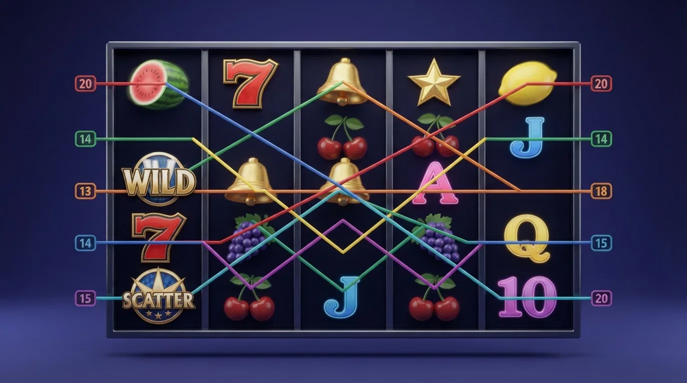 A close-up diagram of a 5×3 slot grid with 20 paylines drawn across the reels in different directions