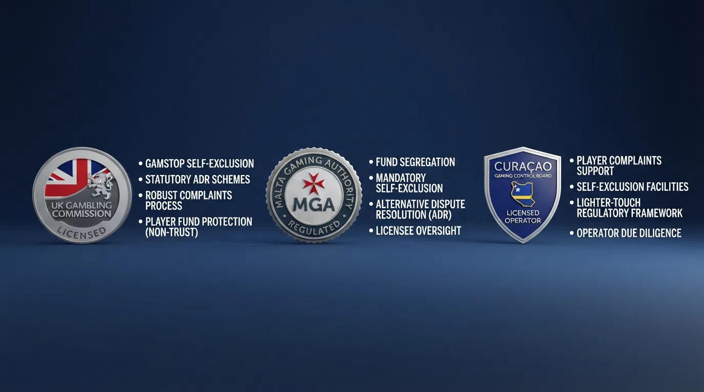 Three regulatory badges displayed side by side — UK Gambling Commission, Malta Gaming Authority, and Curaçao Gaming Authority — with summary bullet points listing key player protections under each