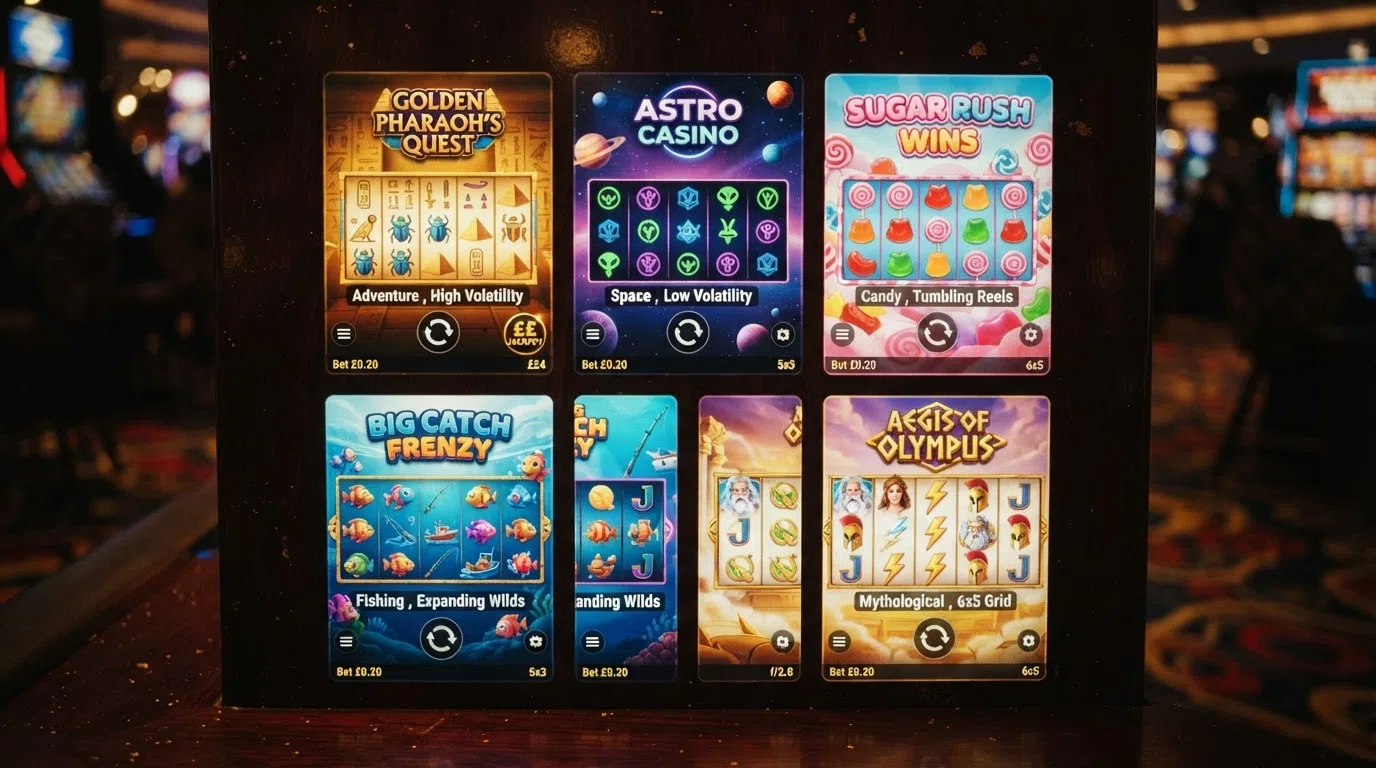 Five popular slot-game title cards arranged in a grid — Book of Dead, Starburst, Sweet Bonanza, Big Bass Bonanza, and Gates of Olympus — against a dark casino-themed background