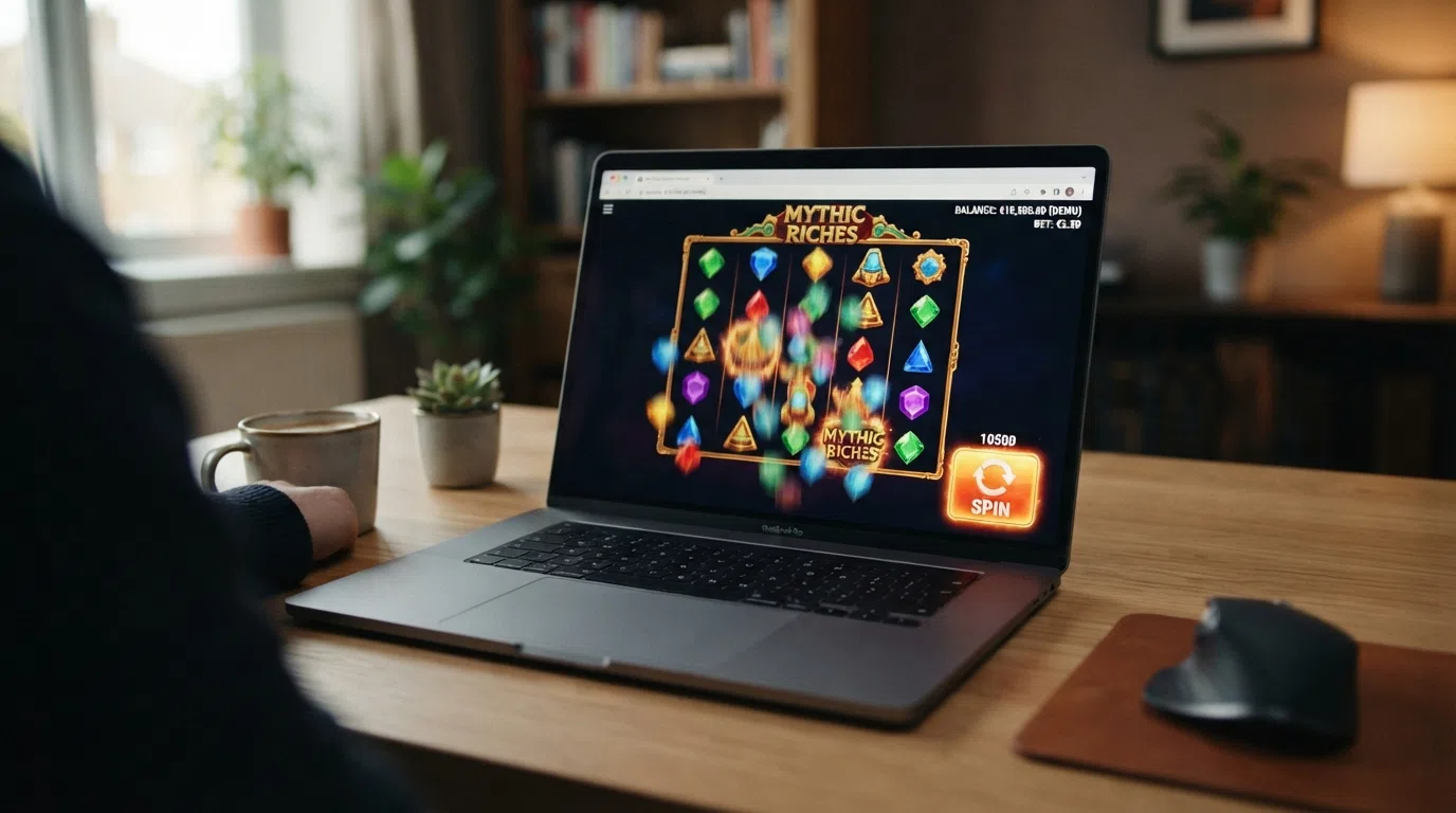 A desktop browser window displaying a cascading slot in demo mode with a play-money balance and the spin button highlighted
