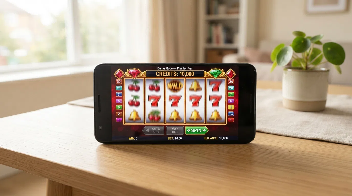 A brightly lit online slot game reels mid-spin on a smartphone screen, displaying a virtual-credit balance of 10,000 coins with the label "Demo Mode — Play for Fun" visible above the reels