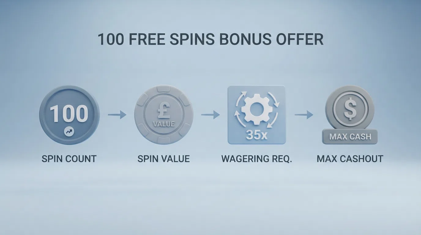 A side-by-side diagram breaking a 100-free-spins offer into its four structural components: spin count, spin value, wagering requirement and max cashout cap, with arrows showing where value is lost at each stage