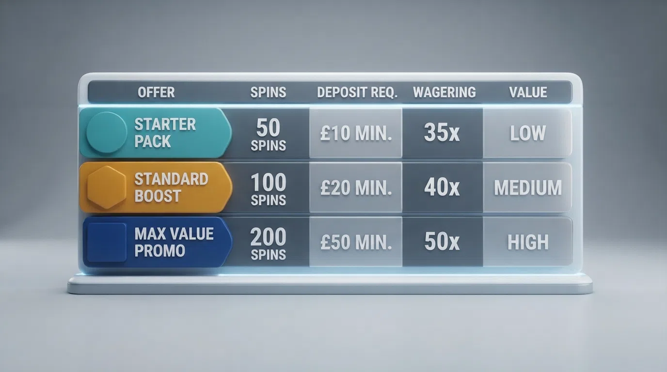 A comparison-table-style visual showing casino logos beside their spin counts, deposit requirements and wagering terms, arranged in three rows