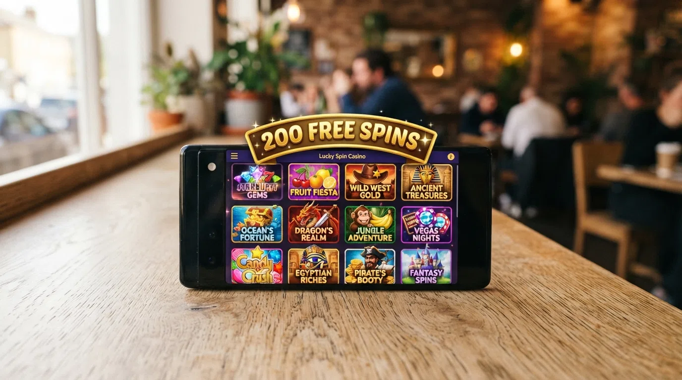A grid of slot-game thumbnails with a free-spins welcome banner overlaid, showing spin counts from 50 to 500