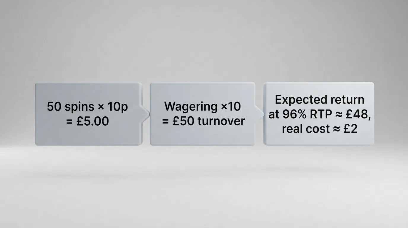 A simple visual breakdown: 50 spins × 10p = £5.00, wagering ×10 = £50 turnover, expected return at 96% RTP ≈ £48, real cost ≈ £2 — shown as a short flow from spins to cash