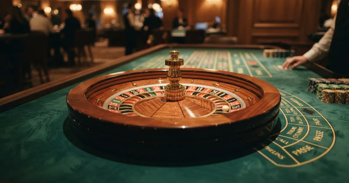 A French roulette wheel in close-up showing the single zero, the racetrack betting area and the French-language table felt on green baize