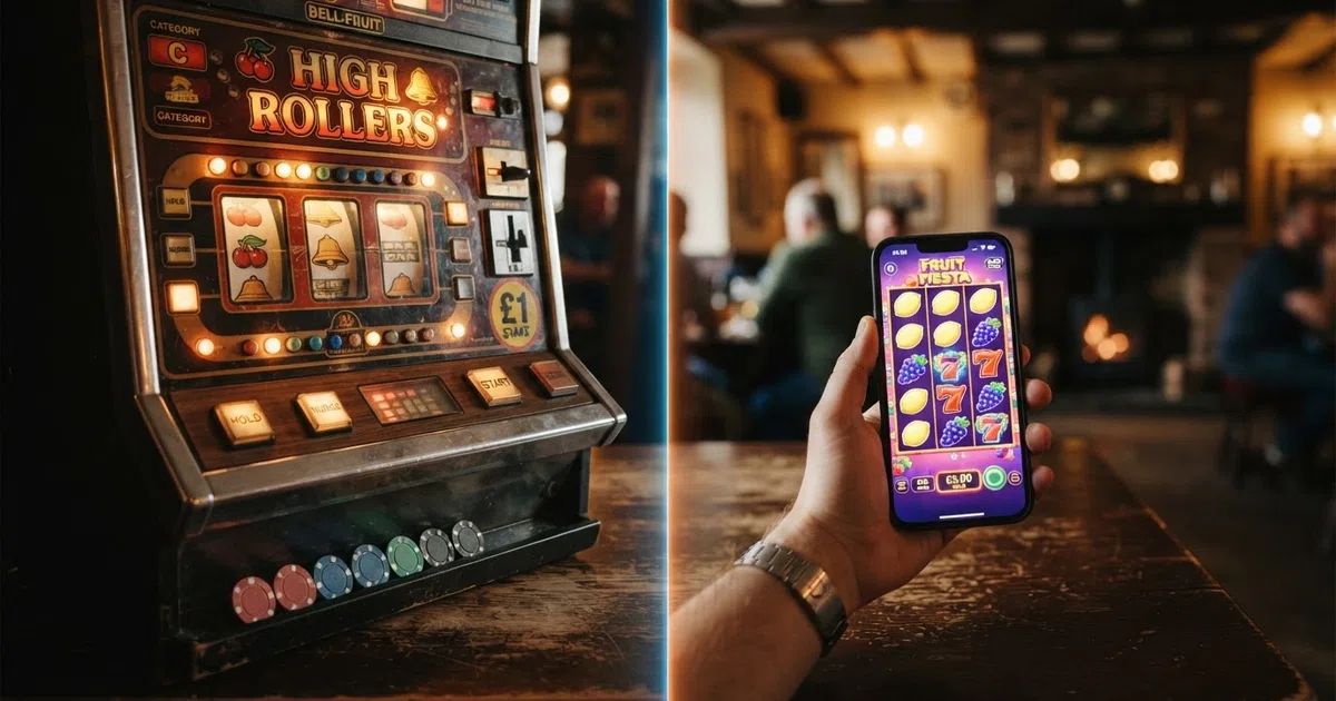 A split-frame visual contrasting a traditional British pub fruit machine with its physical reels, nudge buttons and cash ladder, against a smartphone screen displaying a modern online fruit-themed slot grid with cluster-pays and a £5 stake selector.