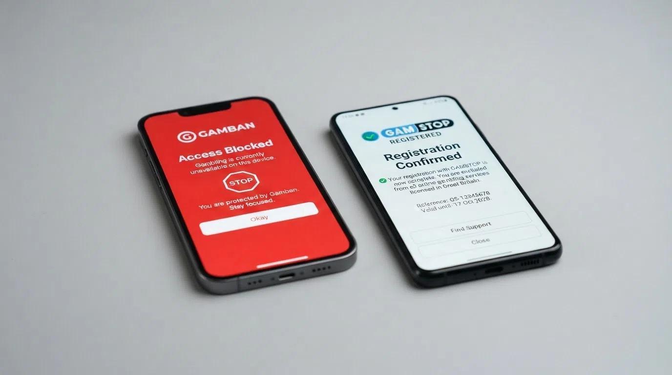 Two smartphone screens side by side: the left showing the Gamban app blocking interface, the right showing the GamStop registration confirmation page