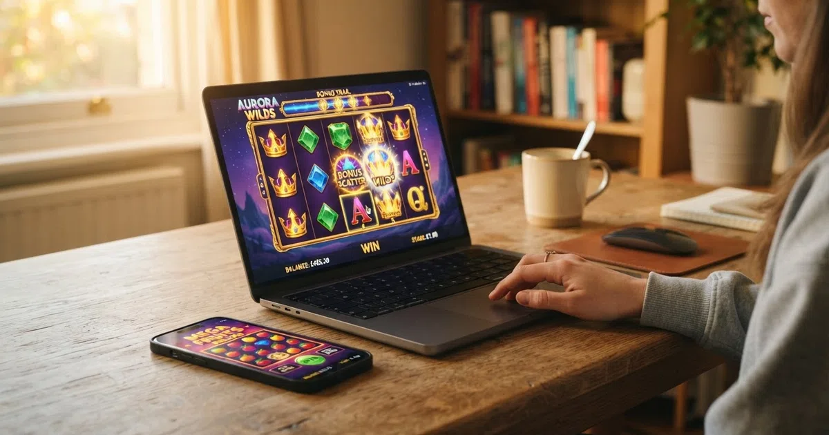 A grid of colourful online slot reels shown on a laptop beside a smartphone
