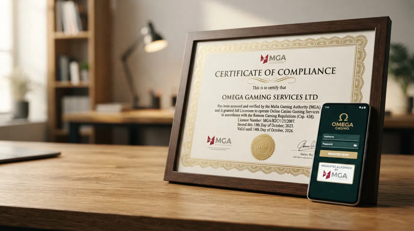 A UK Gambling Commission certificate beside a smartphone displaying a casino registration page