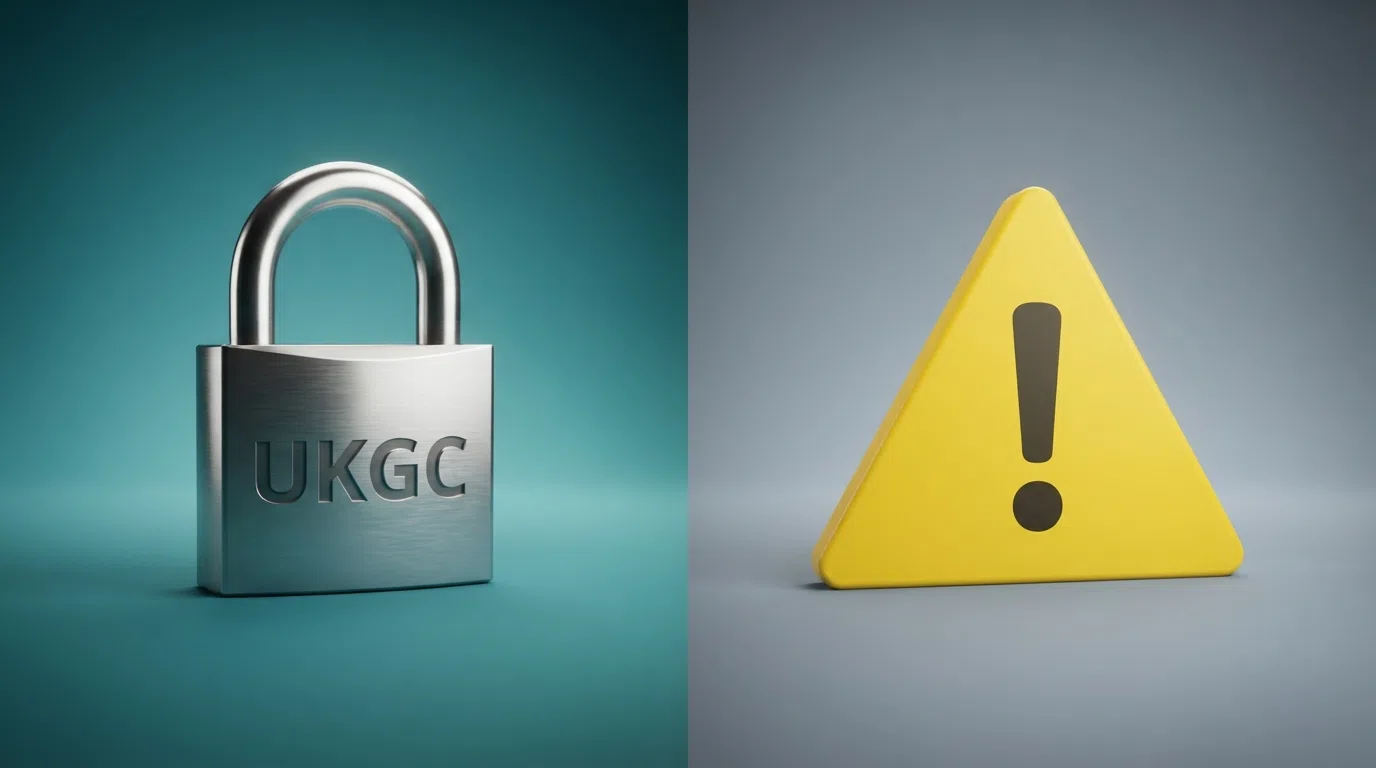 A split-screen visual contrasting a UKGC badge and padlock on the left with a warning triangle and question mark on the right, representing the GB-licensed and offshore paths