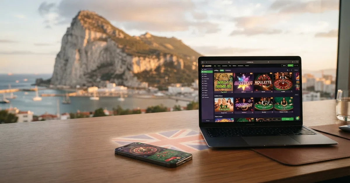 Aerial view of the Rock of Gibraltar with a laptop and smartphone in the foreground displaying online casino interfaces, connected by a subtle Union Jack graphic element