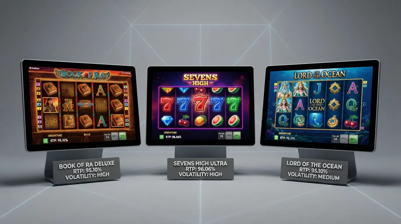 Book of Ra Deluxe, Diamond Link: Mighty Sevens and Lord of the Ocean game screens laid out side by side with RTP and volatility labels beneath each