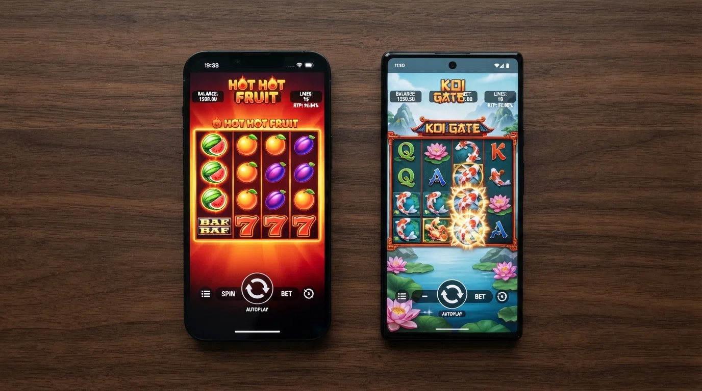 A side-by-side view of two Habanero slot game screens — Hot Hot Fruit and Koi Gate — with the RTP value visible on each game's info panel