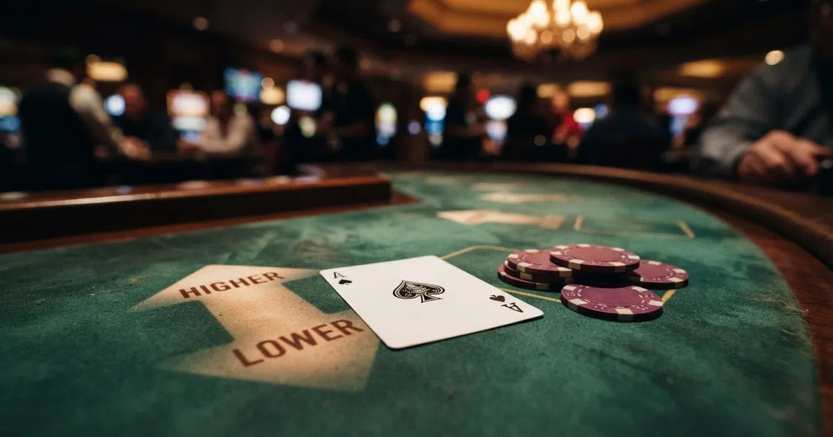A hi-lo casino table with card values Ace through 2 displayed, a prediction arrow indicating Higher or Lower, and betting chips on a green felt surface