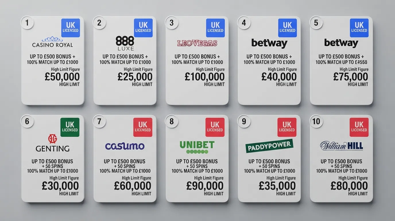 Ten operator cards arranged in a ranked grid, each showing its licence badge, offer summary and standout limit figure