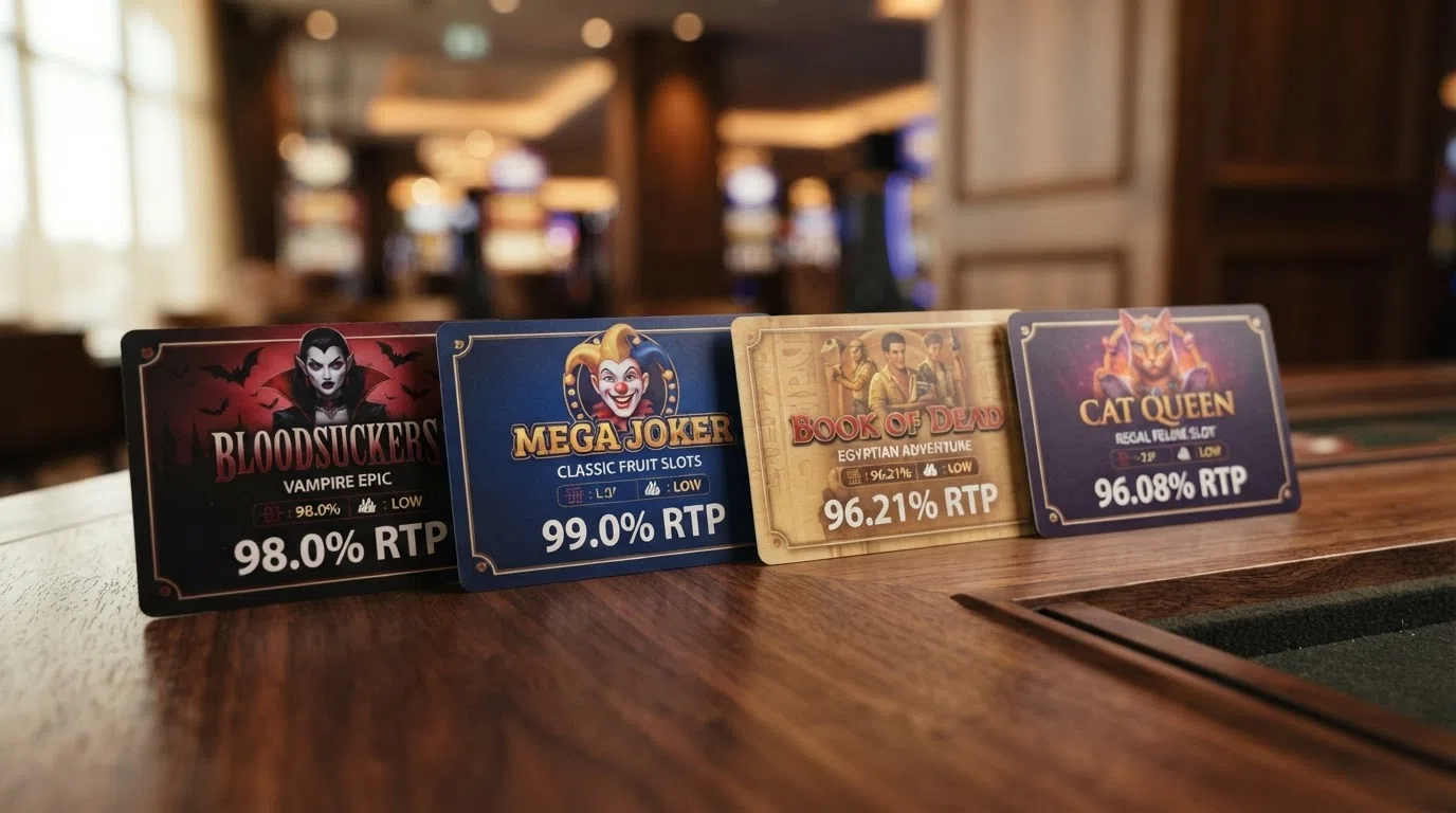 A selection of slot-title cards for Blood Suckers, Mega Joker, Egypt Classic and The Catfather, with their RTP percentages displayed prominently