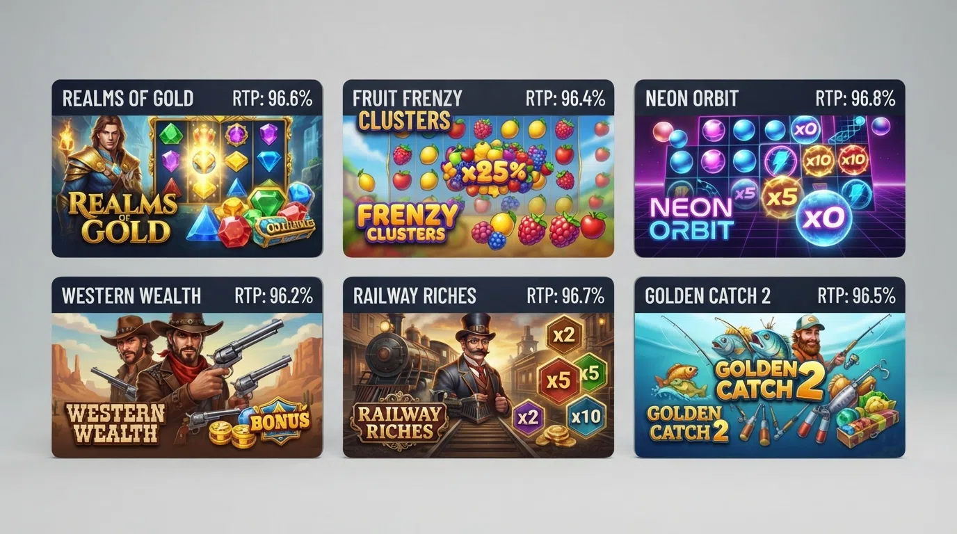 A grid of six bonus buy slot title cards showing White Rabbit, Sweet Bonanza, Gates of Olympus, Wanted Dead or a Wild, Money Train 4 and Big Bass Splash with their RTP percentages overlaid