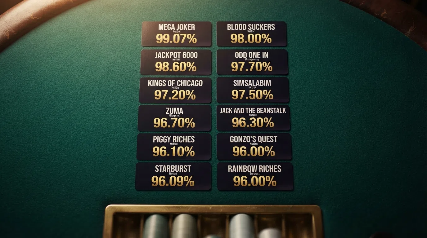 A visual ranking of the UK's highest-RTP slot titles, each card showing the game name, provider logo and RTP percentage in bold descending order