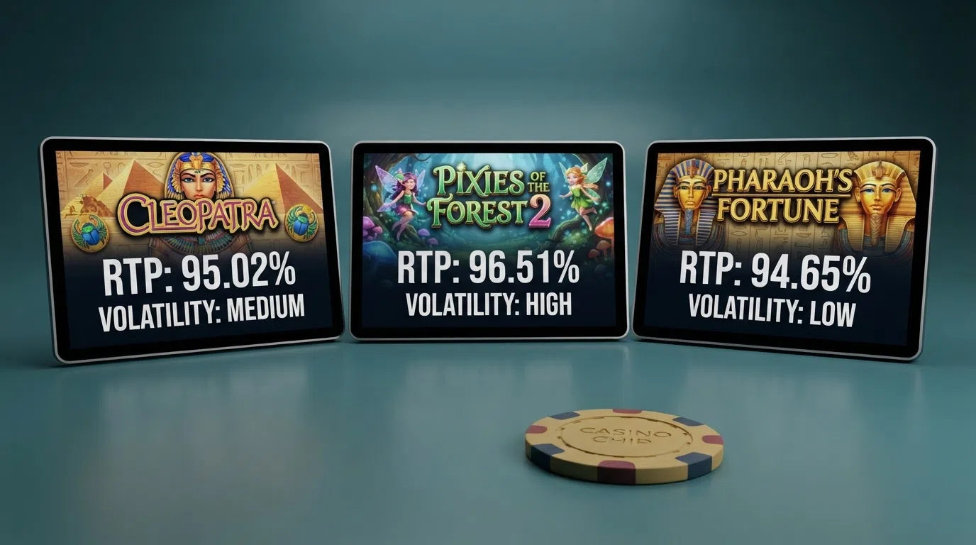 A side-by-side visual comparison of three IGT slot info screens showing different RTP percentages and volatility ratings, with Cleopatra, Pixies of the Forest 2 and Pharaoh's Fortune labelled