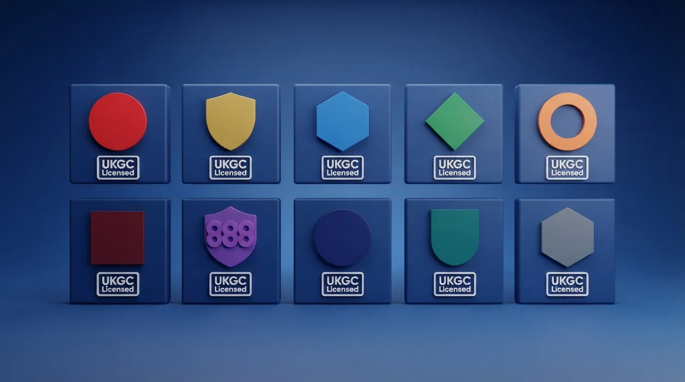 A grid or card layout of ten UK casino brand logos with licence-status badges and welcome-offer highlights
