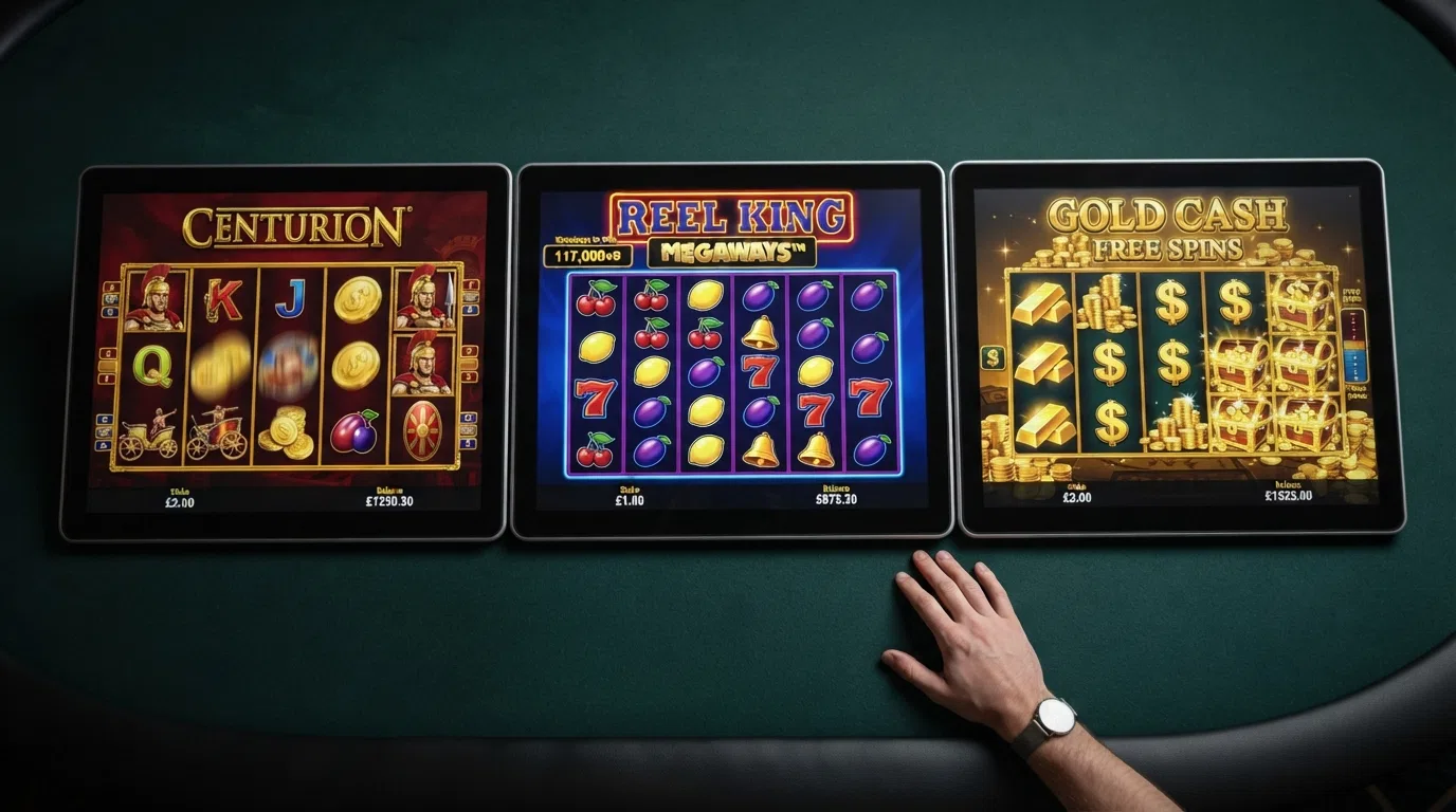 Close-up of Centurion, Reel King Megaways and Gold Cash Free Spins slot reels in play, showing each game's distinct visual style and reel layout