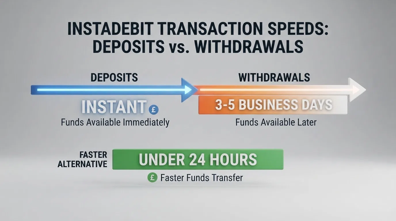 A simple visual timeline showing the Instadebit deposit and withdrawal flow: instant deposit arrow versus a 3–5 business day withdrawal track, with a Trustly comparison bar beneath it