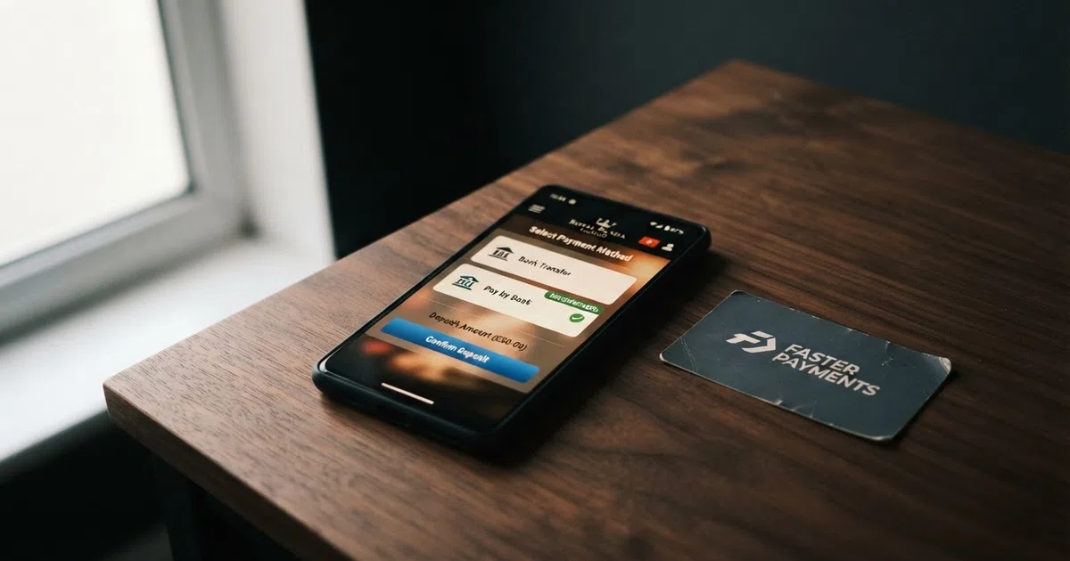 A UK online casino cashier screen on a smartphone displaying bank transfer and Pay by Bank as deposit options beside a Faster Payments logo
