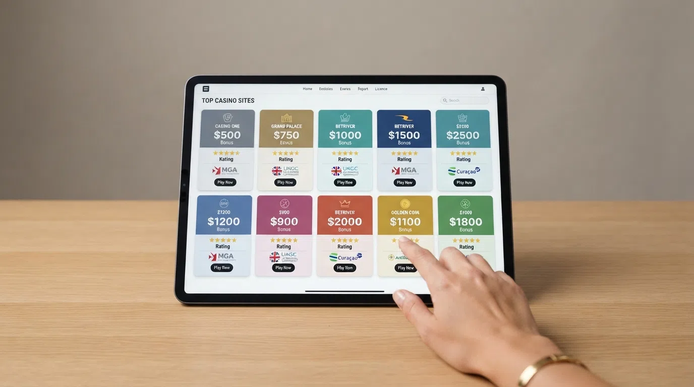 A side-by-side visual comparison of casino brand cards with licence badges, bonus figures and star ratings arranged in a grid