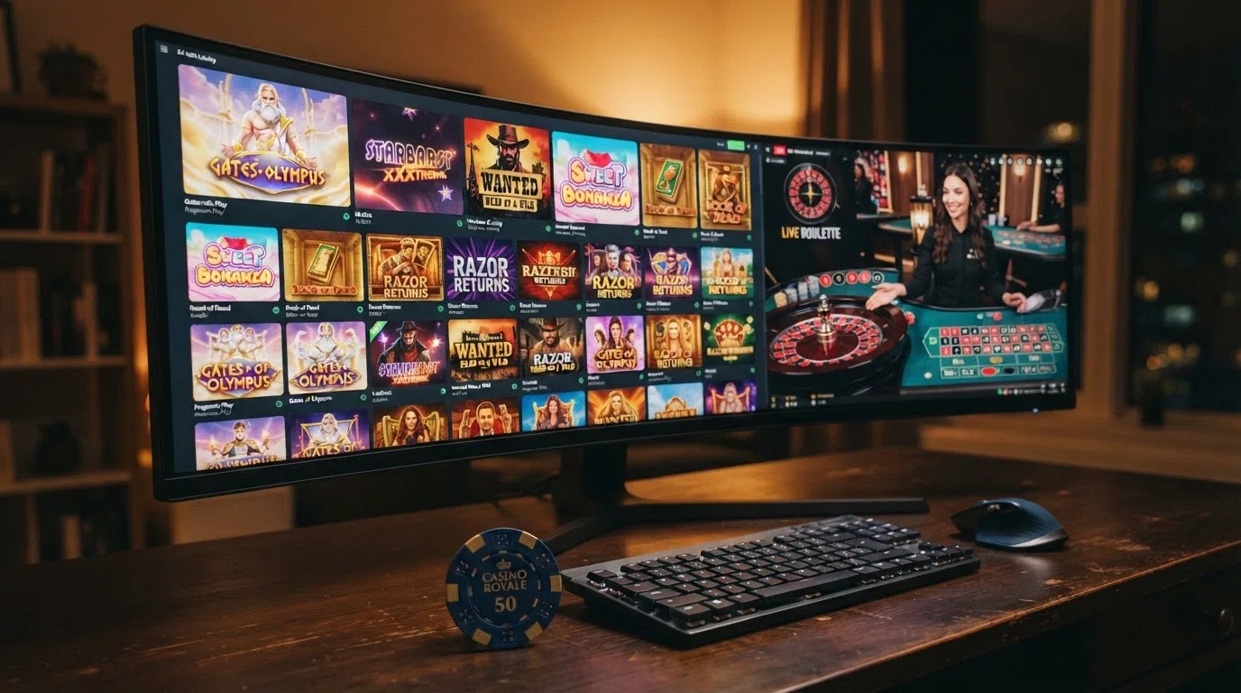 A grid of slot-title cover art from Pragmatic Play, NetEnt and Hacksaw alongside a live-dealer table feed with a dealer and three player positions