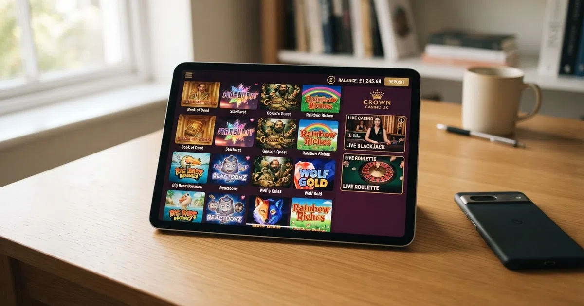 An iPad in landscape orientation displaying a UK online casino lobby with slot game thumbnails and a live-dealer preview tile in the Safari browser